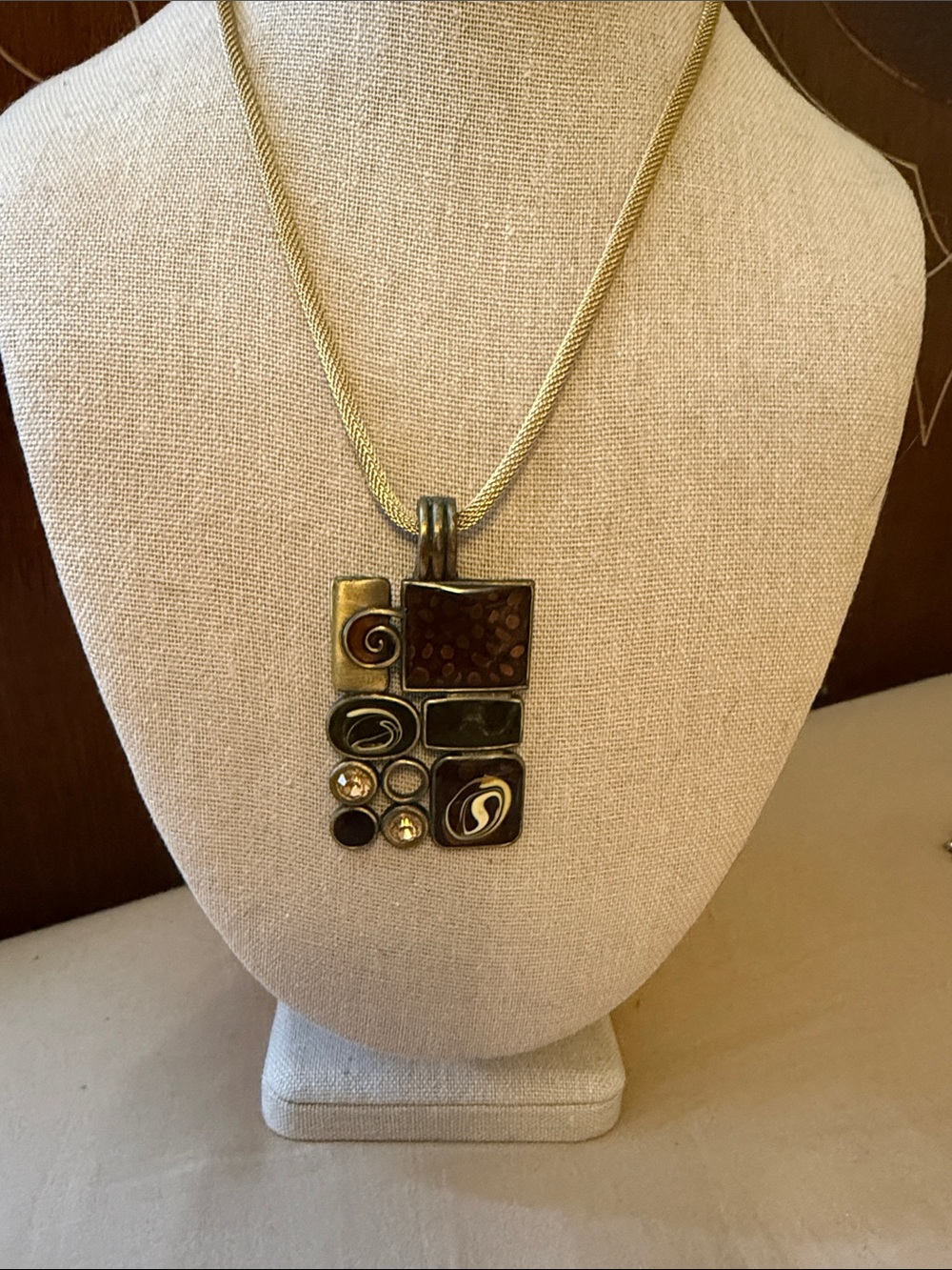 Gold-Tone Brown Mosaic Pendant Necklace